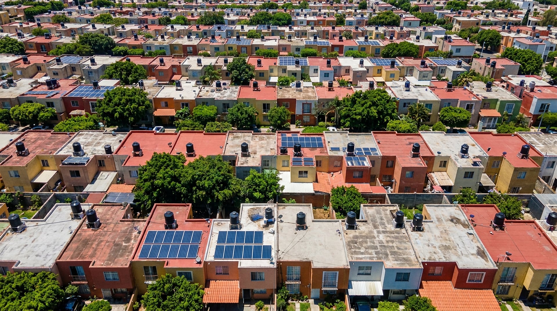 Vista aérea de una colonia residencial de Guadalajara con paneles solares en varias azoteas