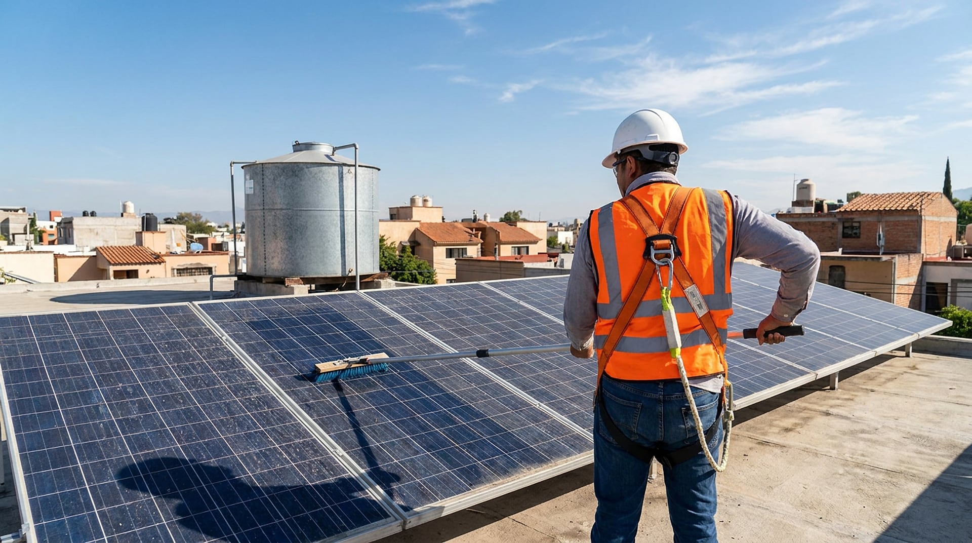 Técnico con casco, chaleco y arnés limpiando paneles solares en una azotea, visto de espaldas
